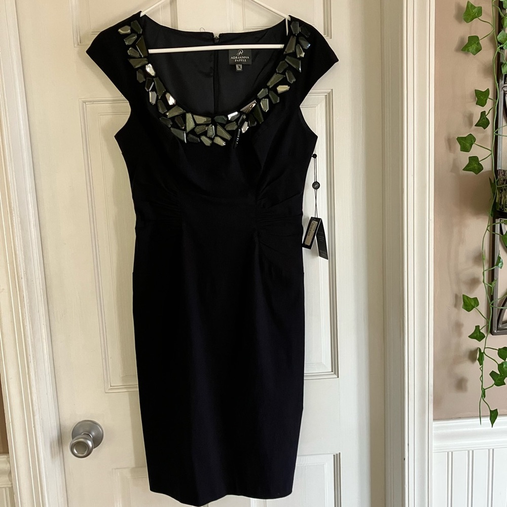 Adrianna Papell navy jewel neckline sheath dress 8